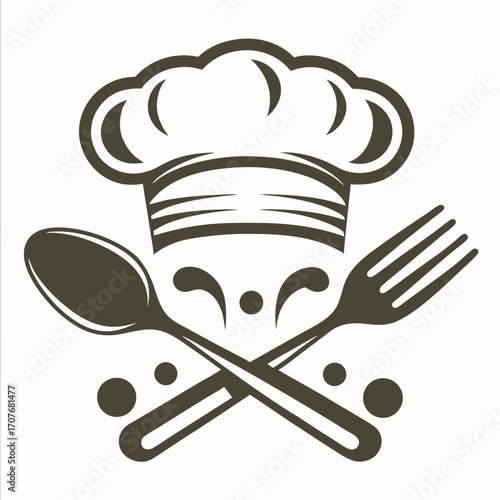 Simple chef's hat rests above crossed spoon and fork, completing the logo's central theme