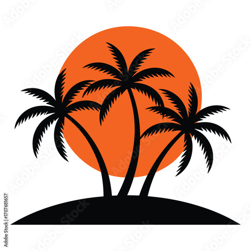 Vector art of palm trees silhouetted against orange sun