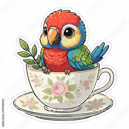Colorful parrot with tropical leaves illustration, exotic parrot bird sitting on a branch vector design, cute cartoon parrot with funny expression for kids, minimalist parrot logo in flat style silhou