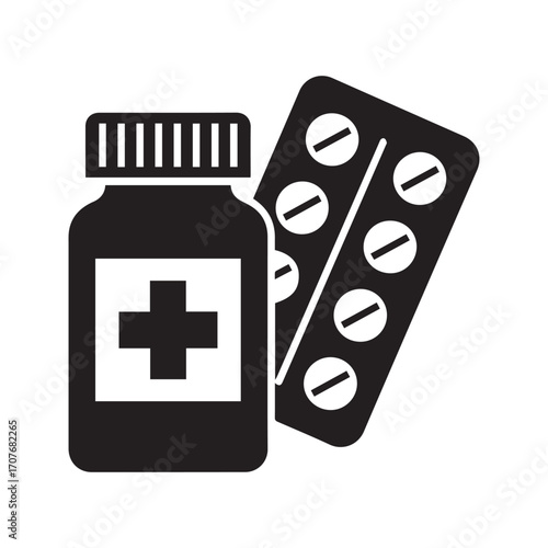 Medicine pills icon, pill bottle and blister pack glyph for pharmacy and healthcare concept.
