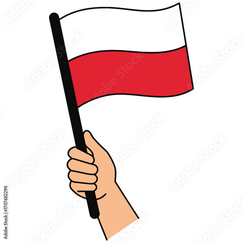 A cartoon hand proudly holding the waving national flag of Poland. Flat vector illustration isolated on a white background
