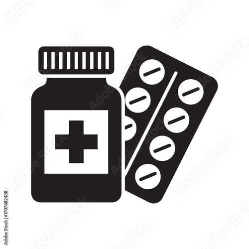 Medicine pills icon, pill bottle and blister pack glyph for pharmacy and healthcare concept.
