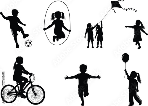 Kids playing outdoors, children riding bike, flying kite, jumping rope, holding balloon, running, kicking soccer ball, active fun childhood.