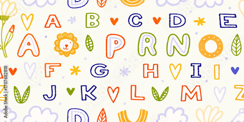 Cute hand drawn alphabet letters with fun decorations and clouds for kids education and design