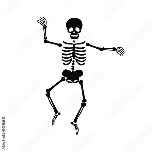 Dancing skeleton silhouette with arms raised on white background