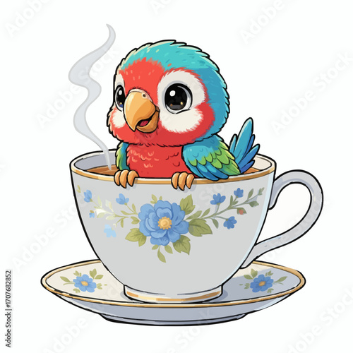 Colorful parrot with tropical leaves illustration, exotic parrot bird sitting on a branch vector design, cute cartoon parrot with funny expression for kids, minimalist parrot logo in flat style silhou