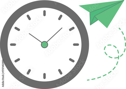 Green paper airplane flies past a clock face with dashed line trail time flight