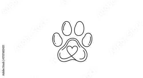 A simple, outlined dog paw print design with a small heart incorporated.