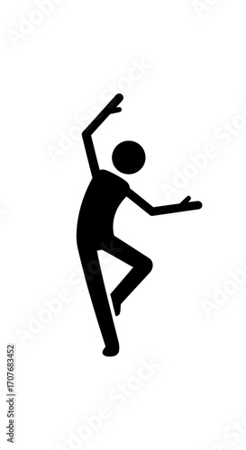 A stylized figure is depicted in a dynamic pose, showcasing an active and expressive movement.
