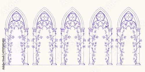 Ornate gothic arches adorned with delicate floral vines and rosettes in a purple line drawing style