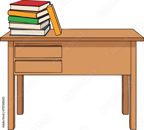 Vector illustration of a classic wooden school desk with a pile of colorful textbooks ready for study and learning