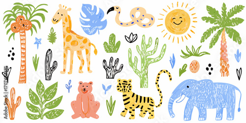 Cute hand drawn safari animals and tropical plants collection for kids