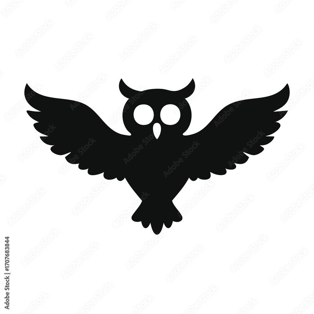 Obraz premium Flying Owl Silhouette with Wings Spread Keywords: owl, bird, silhouette, flying, wings spread