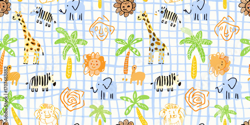 Cute hand drawn safari animals and palm trees on a blue grid background seamless pattern