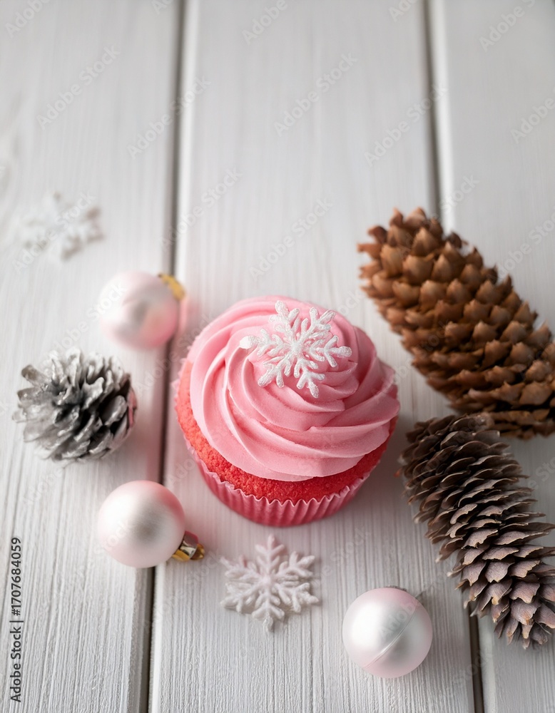 Fototapeta premium Christmas background. Top view of pink glazed cupcake with sugar snowflakes decoration on white wooden background. Generated image