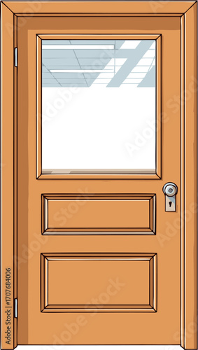 Illustration of a classic wooden classroom or office door with a window, symbolizing an opportunity for learning and business
