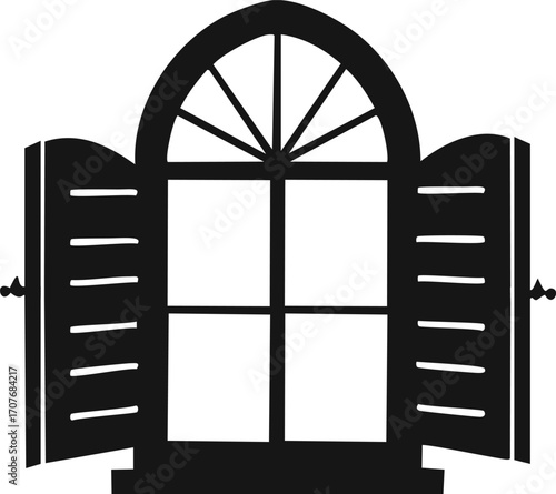 Open Arched Window Silhouette With Shutters vector