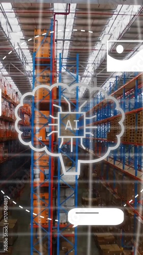AI brain animation over warehouse with shelves and boxes