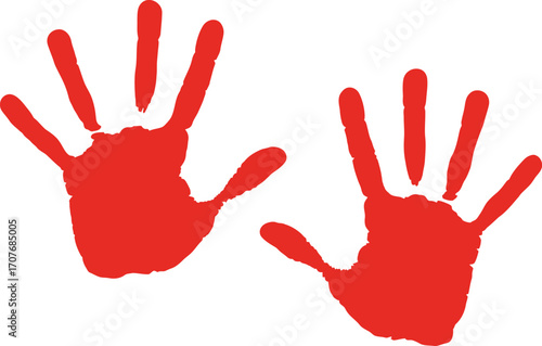 Two red handprints detailed finger shapes graphic element on transparent background