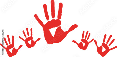 Five red handprints of varying sizes arranged in a cluster on transparent background