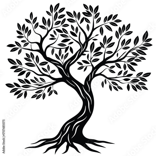 Solitary tree with textured trunk and rich foliage evokes serene natural beauty, appearing in silhouette