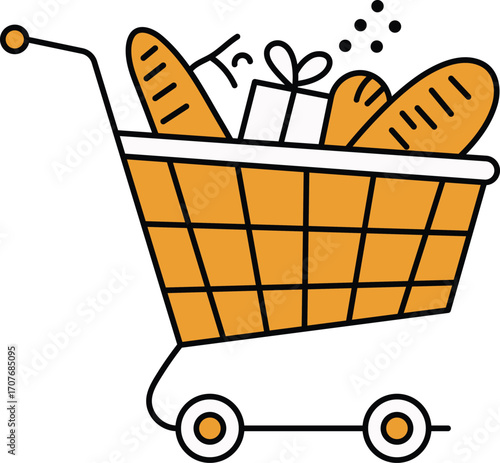 Shopping cart filled with groceries and a gift box on white background grocery cart trolley