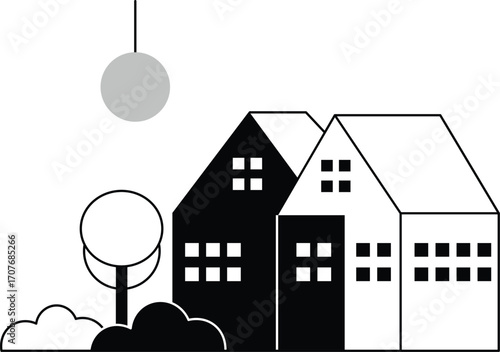 Stylized black and white houses with tree and lamp on white background buildings architecture
