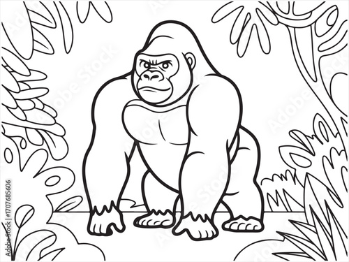 Strong gorilla coloring page with jungle leaves and tropical background, wildlife animal line art illustration for kids and adults creative activity or coloring book page