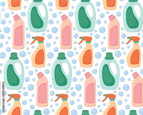 Seamless pattern with colorful detergent bottles and soap bubbles. Background of cleaning products