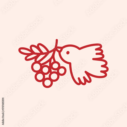 Bird with rowan branch and leaf. Minimalist doodle fall or winter symbol. Autumn holiday vector clipart