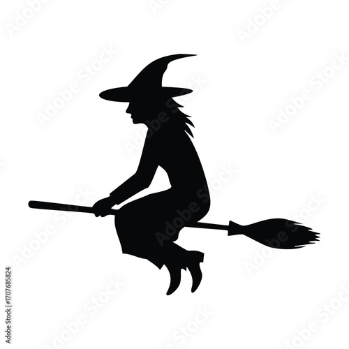 Silhouette of a witch riding a broomstick on white