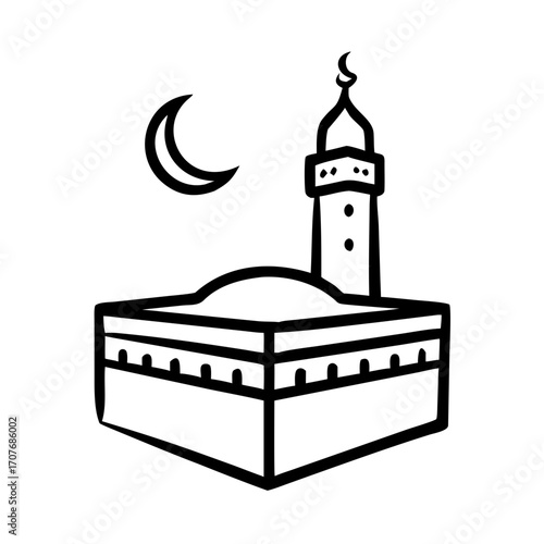 Simple icon of Kaaba in Mecca with crescent moon for Ramadan celebration  