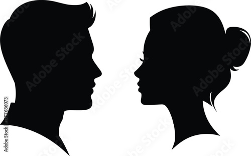 Man and woman face to face silhouette, black vector profile, romantic couple illustration, human side view, relationship concept art