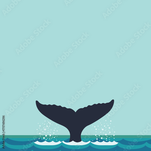Stylized illustration of a majestic whale's tail diving into the deep blue ocean, creating a beautiful splash of white foamy water. A serene marine wildlife moment