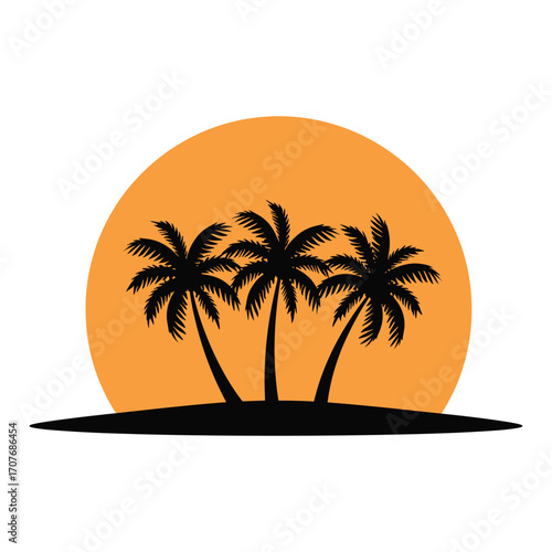Vector art of palm trees silhouette against orange sun