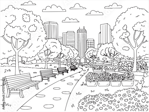 City park coloring page with benches, pathway, trees, flowers, and skyline background