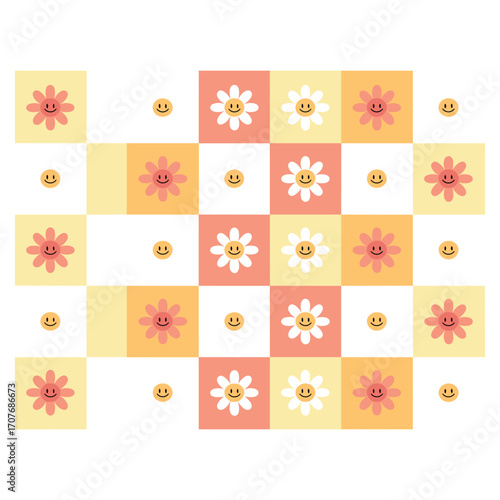 Vector art of retro smiling flowers and smiley faces pattern