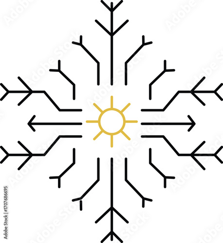 Geometric Sunburst Design with Snowflake-like Branches 