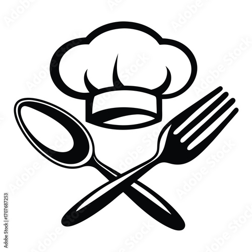 Stylized cook hat with crossed spoon and fork creates a culinary icon