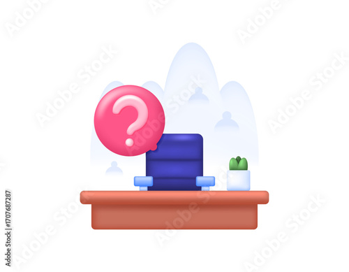 Illustration of a work desk, chair, potted plant, and question mark symbol. Recruitment and job vacancy concept. Empty job position. 3D style design. Elements, objects, symbols, interior