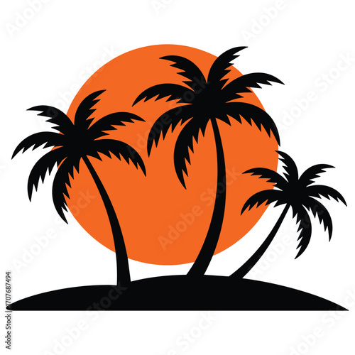 Vector art of palm trees silhouetted against orange sun