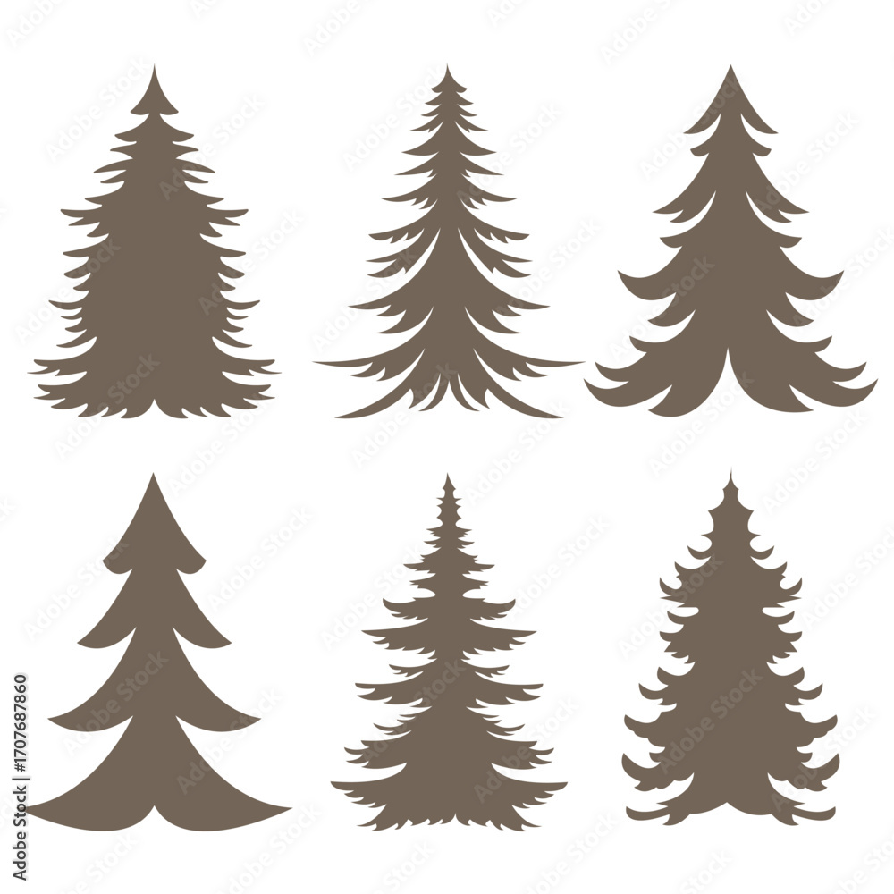Obraz premium Collection of silhouettes of fir and spruce trees. Vector winter illustration on white background