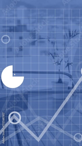 Animation of financial data processing and icons over desk in office