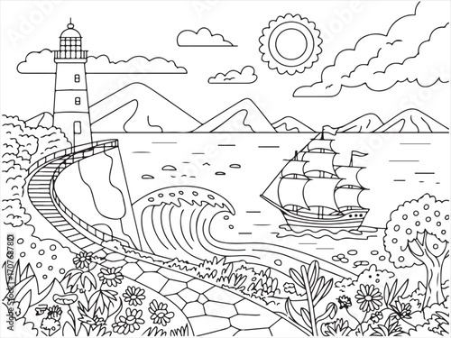 Lighthouse by the sea coloring page with sailing ship, coastal flowers, and ocean waves