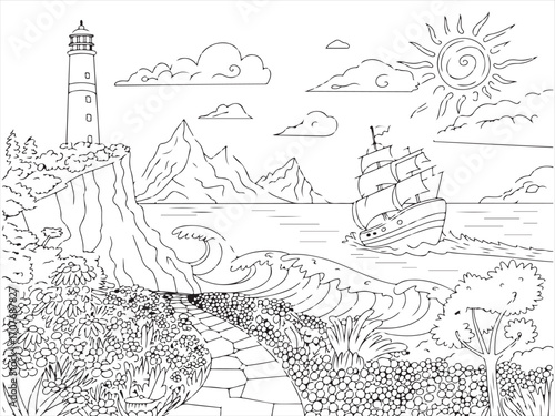 Scenic lighthouse and sailing ship coloring page with ocean waves, coastal path, flowers, mountains, clouds, and sun line art illustration for kids and adult relaxation activity