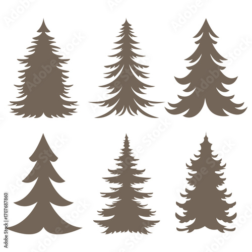 Collection of silhouettes of fir and spruce trees. Vector winter illustration on white background