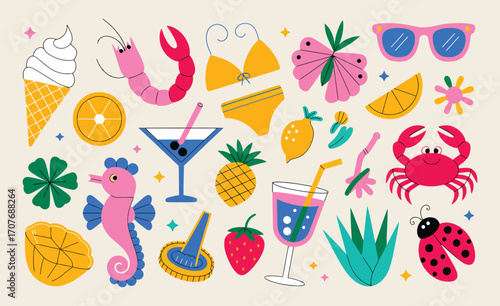 Set of Cute Summer Icons Featuring Food, Fruits, Crab, Sun, Rainbow, and Roller Skate. Bright Scrapbooking Elements for Beach Party Cards, Invitations, or Crafts