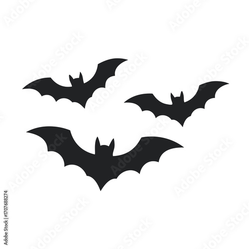 Three black bats flying on white background Keywords: bats, halloween, flying, silhouette, icon