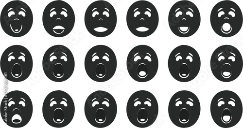 Illustration showing a variety of black and white cartoon faces with different expressions and emotions