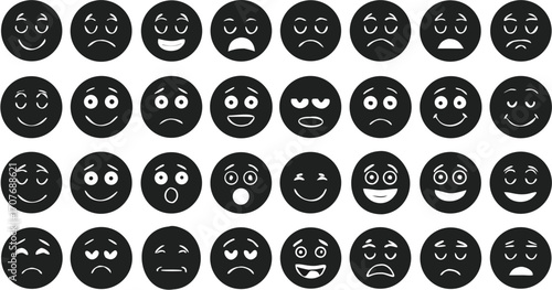 Collection of thirty five black circular faces displaying a variety of different emotional expressions